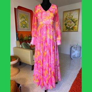 70s Vintage Psychedelic Swirl Print Maxi Dress